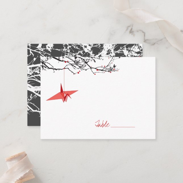 Hanging Red Origami Paper Cranes Asian Wedding Place Card (Front/Back In Situ)