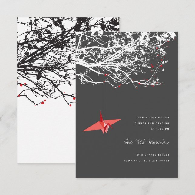 Hanging Red Paper Crane Asian Wedding Reception Invitation (Front/Back)