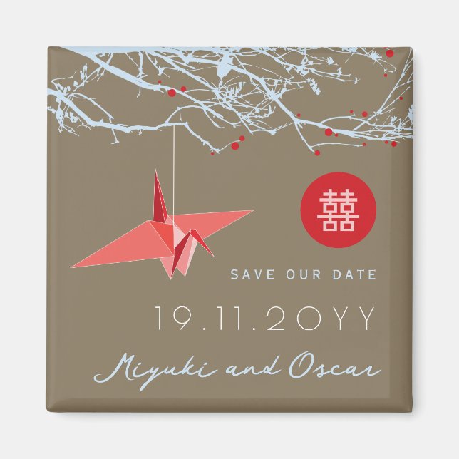 Hanging Red Paper Crane On Branches Save The Date Magnet (Front)