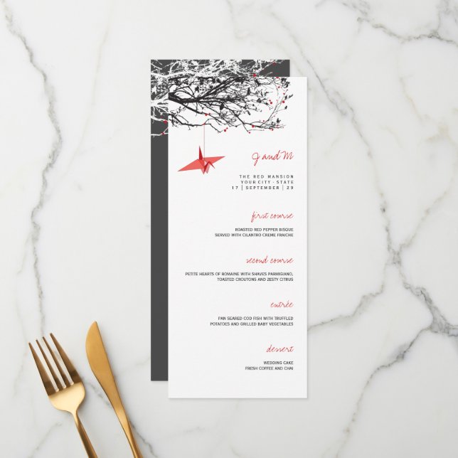Hanging Red Paper Cranes Asian Wedding Menu Card (Front/Back In Situ)
