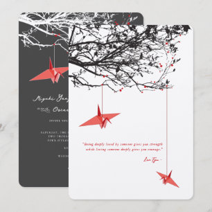 Hanging Red Paper Cranes Love Quote Asian Wedding Invitation