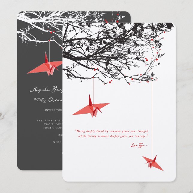 Hanging Red Paper Cranes Love Quote Asian Wedding Invitation (Front/Back)