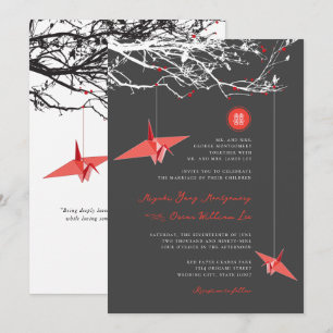 Hanging Red Paper Cranes Love Quote Asian Wedding Invitation
