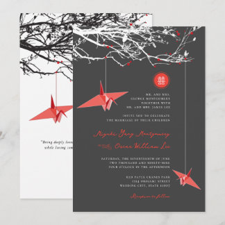 Hanging Red Paper Cranes Love Quote Asian Wedding Invitation
