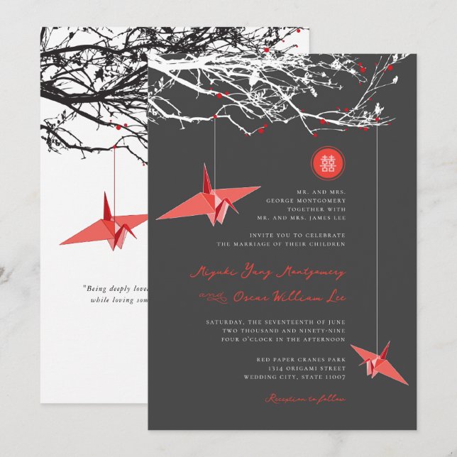 Hanging Red Paper Cranes Love Quote Asian Wedding Invitation (Front/Back)