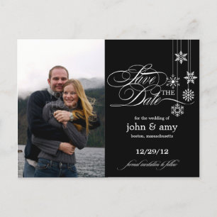 Hanging Snowflakes Photo Save The Date (Black) Announcement Postcard