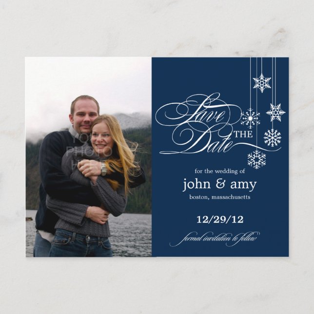 Hanging Snowflakes Photo Save The Date (Navy) Announcement Postcard (Front)