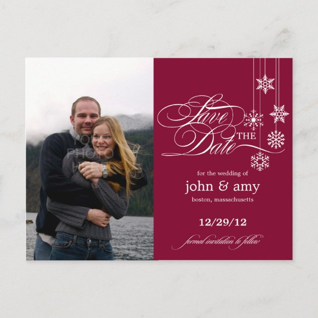 Hanging Snowflakes Photo Save The Date (Red) Announcement Postcard (Front)