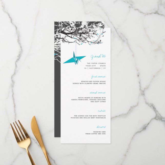 Hanging Turquoise Paper Crane Branch Asian Wedding Menu (Front/Back In Situ)