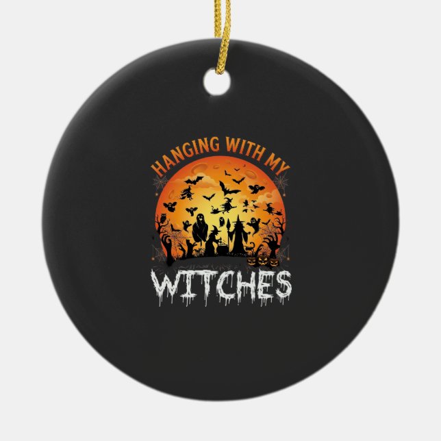 Hanging Witches Halloween Moon Bats Pumpkins_1 Ceramic Tree Decoration (Front)