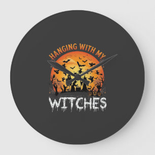 Hanging Witches Halloween Moon Bats Pumpkins_1 Large Clock