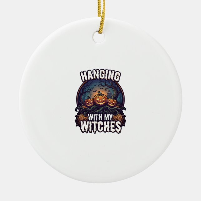 Hanging Witches Halloween Pumpkins Haunted Forest  Ceramic Tree Decoration (Front)