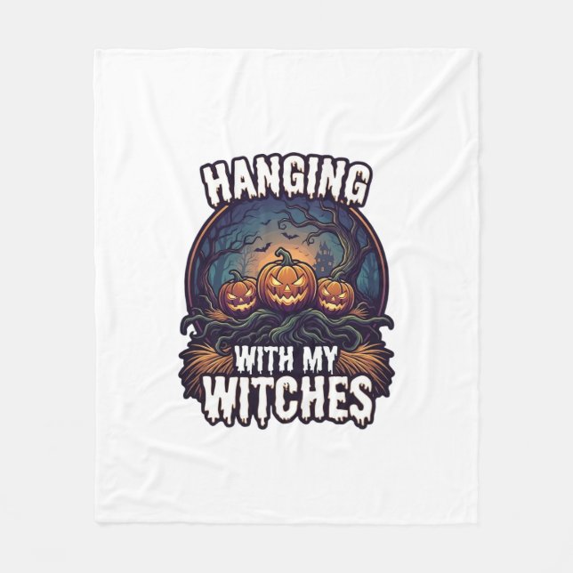 Hanging Witches Halloween Pumpkins Haunted Forest  Fleece Blanket (Front)
