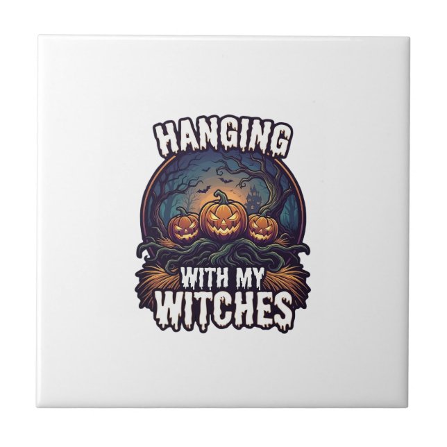 Hanging Witches Halloween Pumpkins Haunted Forest  Tile (Front)
