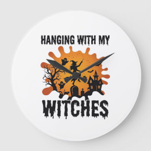 Hanging Witches Halloween Witch Broom Haunted Hous Large Clock