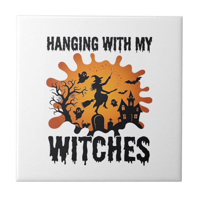 Hanging Witches Halloween Witch Broom Haunted Hous Tile (Front)