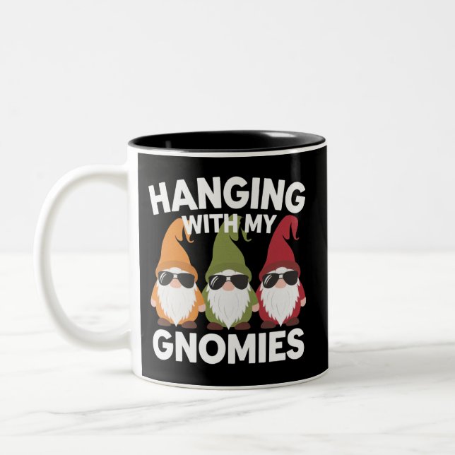 Hanging With My Gnomies Funny Garden Gnome Two-Tone Coffee Mug (Left)