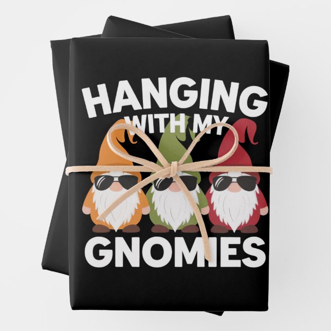 Hanging With My Gnomies Funny Garden Gnome Wrapping Paper Sheet (In situ)