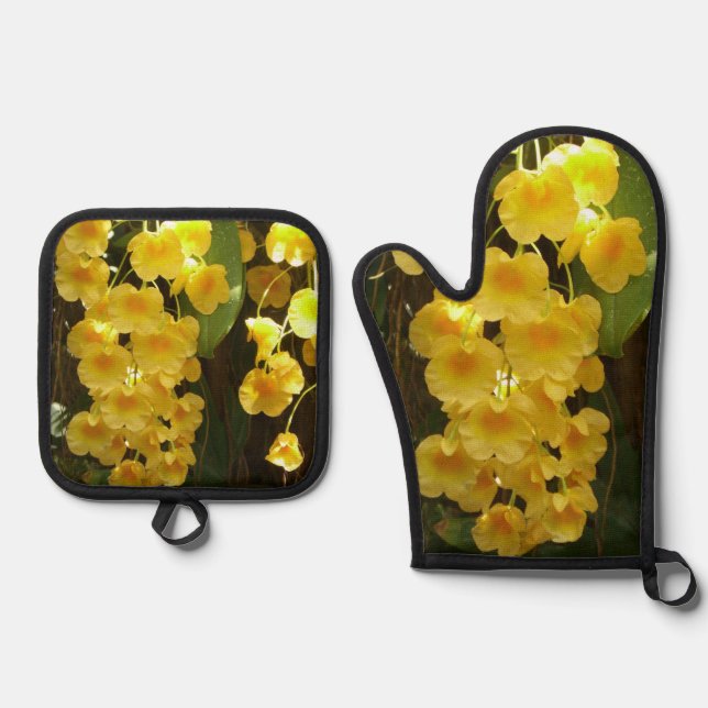 Hanging Yellow Orchids Tropical Flowers Oven Mitt & Pot Holder Set (Front)