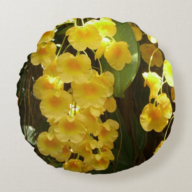Hanging Yellow Orchids Tropical Flowers Round Cushion (Front)