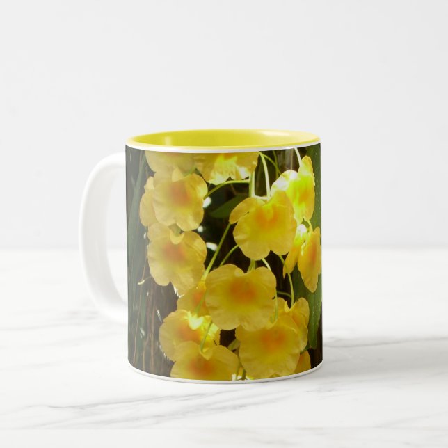 Hanging Yellow Orchids Tropical Flowers Two-Tone Coffee Mug (Front Left)