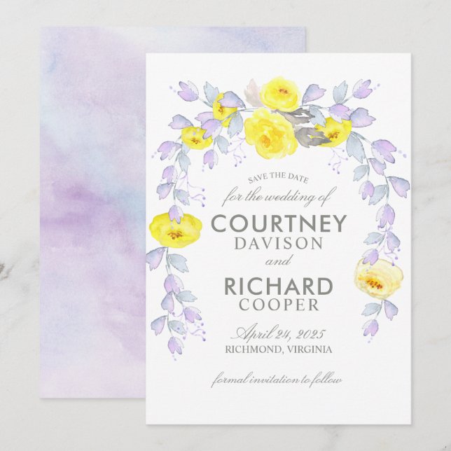 Hanging yellow roses bridal shower save the date (Front/Back)