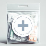 Hangover Kit Dusty Blue Cross In Sickness & Health Classic Round Sticker<br><div class="desc">A sticker for the Emergency Kit (aka Hangover Kit) to put in a destination wedding welcome bag, with some medicine inside. It has a cross in the centre and arched text making a circle around it. Above it, there is the message "In sickness and in health" and below it there...</div>