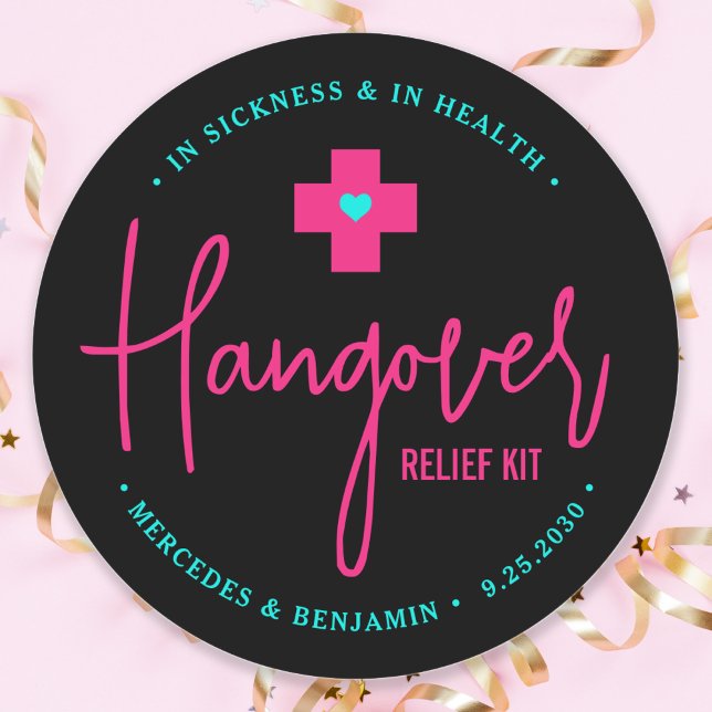 Hangover Relief Kit Hot Pink Teal Wedding Favour  Classic Round Sticker (Creator Uploaded)