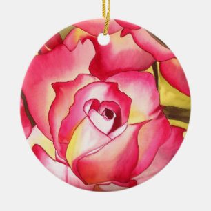 Hannah Gordon pink rose flower watercolor art Ceramic Tree Decoration