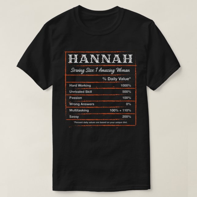 Hannah Nutrition Facts First Name Personalised Nic T-Shirt (Design Front)