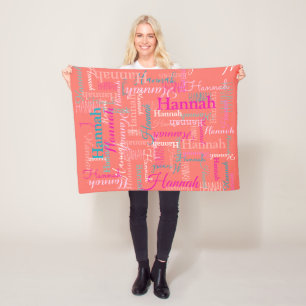 Hannah personalised short name coral pink teal fleece blanket