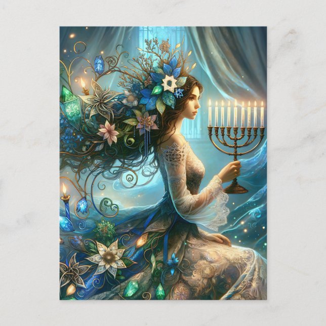 Hannukah Beautiful Woman with Menorah Holiday Postcard (Front)