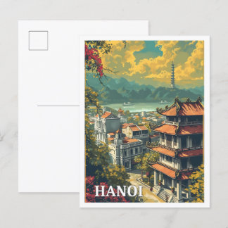 Hanoi Vietnam Vintage Art Travel Illustration Postcard