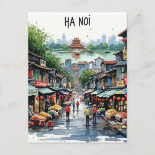 Hanoi Vietnam Watercolor Postcard