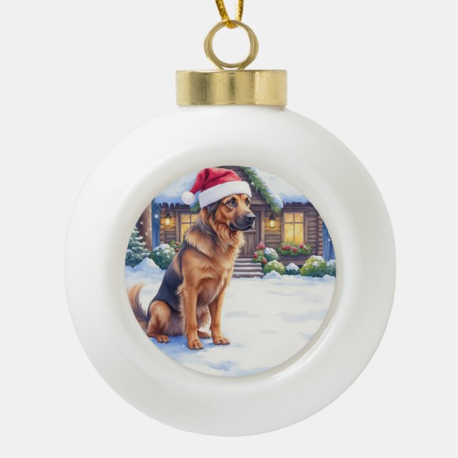 Hanoverian Scenthound Snowy Forest Cabin Santa Hat Ceramic Ball Christmas Ornament (Front)