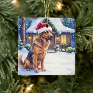 Hanoverian Scenthound Snowy Forest Cabin Santa Hat Ceramic Ornament
