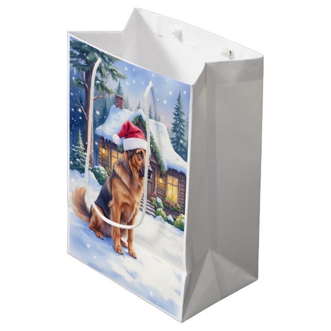 Hanoverian Scenthound Snowy Forest Cabin Santa Hat Medium Gift Bag (Front Angled)