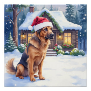 Hanoverian Scenthound Snowy Forest Cabin Santa Hat Poster