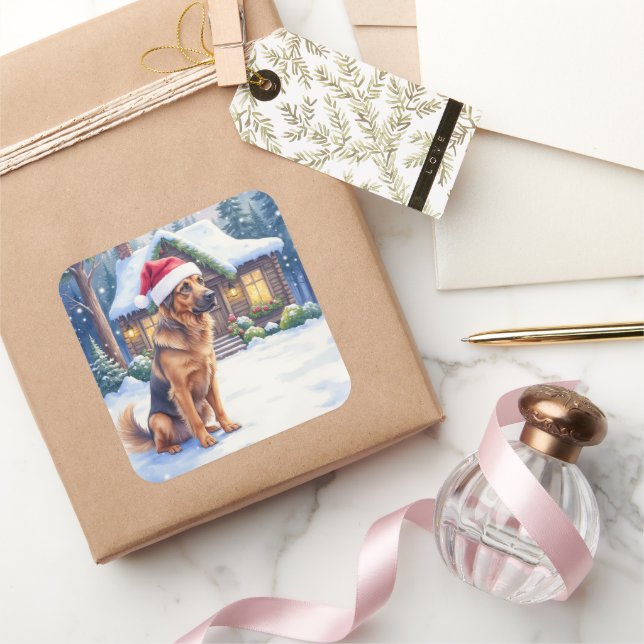 Hanoverian Scenthound Snowy Forest Cabin Santa Hat Square Sticker (Gifting)