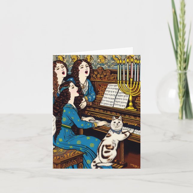 Hanukah women and cats sing around the piano card (Front)