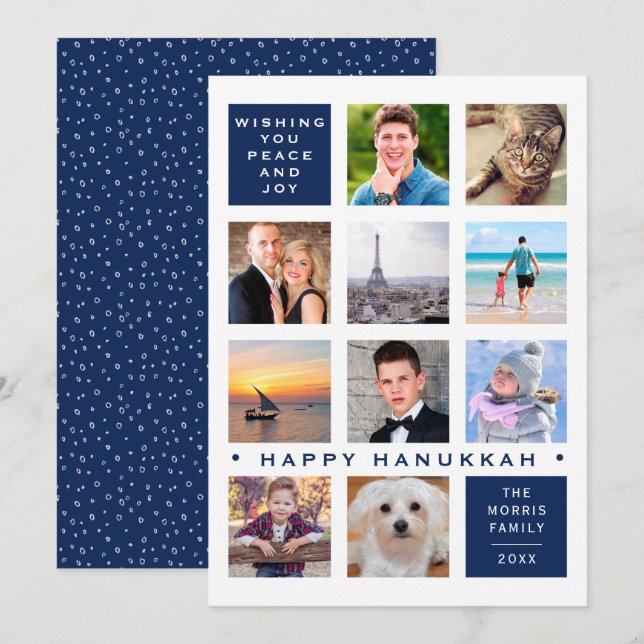 Hanukkah 12 Photo Modern Custom Collage Holiday Card (Front/Back)
