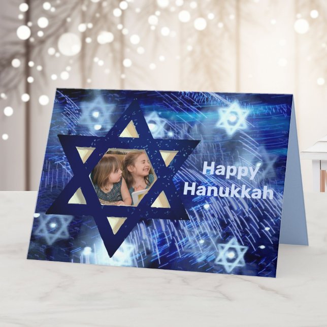 Hanukkah 1 or 2 Photo Family Kids Blue Holiday Card (Creator Uploaded)