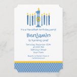 Hanukkah 1st Birthday Invitation<br><div class="desc">Cute personalised design for baby's 1st Hanukkah and birthday with nine blue candles that look like a menorah. Big number 1 with Star of David and customisable text. PinkInkArt original!</div>