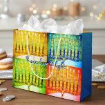 Hanukkah 4 Colourful Menorahs Peace Love Light  Large Gift Bag<br><div class="desc">“Peace, love & light.” A close-up photo illustration of 4 brightly coloured artsy menorahs (yellow, blue, green & red) help you usher in the holiday of Hanukkah. Feel the warmth and joy of the holiday season whenever you use this cute and fun custom large size gift bag. Sparkly blue faux...</div>