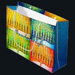 Hanukkah 4 Colourful Menorahs Peace Love Light  Large Gift Bag<br><div class="desc">“Peace, love & light.” A close-up photo illustration of 4 brightly coloured artsy menorahs (yellow, blue, green & red) help you usher in the holiday of Hanukkah. Feel the warmth and joy of the holiday season whenever you use this cute and fun custom large size gift bag. Sparkly blue faux...</div>