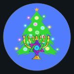 Hanukkah and Christmas Classic Round Sticker<br><div class="desc">Christmas and Hanukkah on gifts for interfaith families that celebrate the joy of Christmas and beauty of Chanukah.  Featuring Xmas tree and menorah with jewish star of david surrounded by holiday presents on greeting cards,  postage,  gift ideas and apparel for the family.</div>