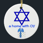 Hanukkah and Christmas Holidays Ceramic Tree Decoration<br><div class="desc">A cute holiday decoration with a sense of humour makes a fun gift for homes combining faiths - Jewish and Christian, Hanukkah and Christmas. The Star of David side says we've got OY and the Santa Claus side says we've got JOY. Coordinating gift wrapped packages have red and blue foil...</div>