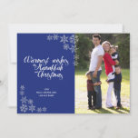 Hanukkah and Christmas Modern Photo Card Blue<br><div class="desc">Wish family and friends a warm Christmas and Hanukkah with one interfaith card. Featuring a blue and white snowflake motif, with space for one photo and an elegant script with the words "Warmest wishes this Hanukkah and Christmas", as well as space for your message on the front and the date...</div>