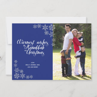 Hanukkah and Christmas Modern Photo Card Blue