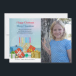 Hanukkah and Christmas Photo Holiday Card<br><div class="desc">Celebrating Hanukkah and Christmas at your house? Here is a holiday card made just for you. It features presents and a menorah with a snowy base and a dazzling background. Just add your favourite photo to make it yours. Menorah by Vecteezy. The card is easy to customise with your wording,...</div>